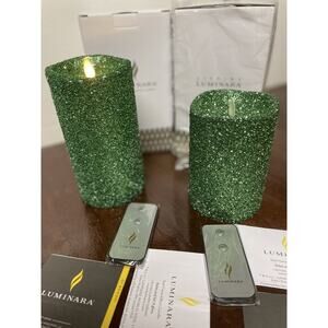 LOT NEW 2 Luminara Real Flameless Candle 7" & 5” Glitter Green Remote Set Sealed